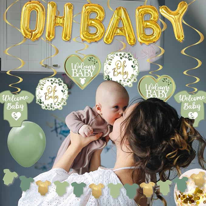 Sage Green Baby Shower Decorations,155 pcs Neutral Baby Shower Decor Supplies, welcome baby banner, Disposable "OH BABY" Balloon Arch, Paper Tassels, tablecloths