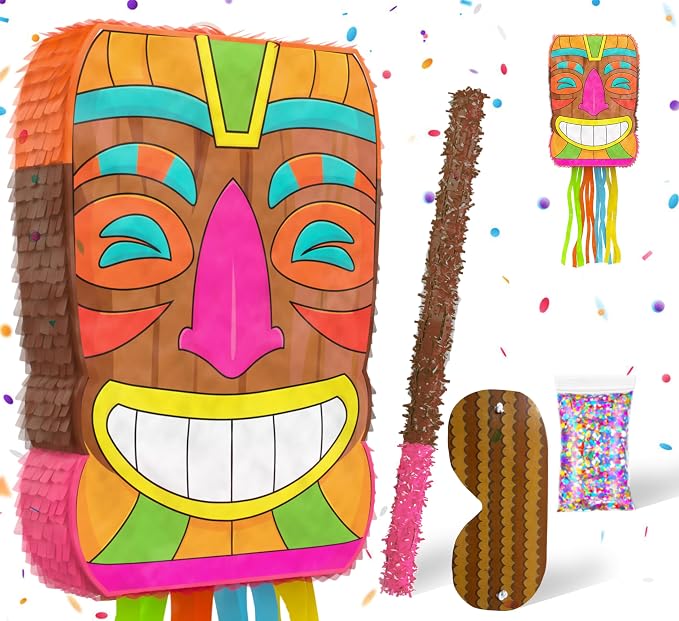 Jergrim Tiki Piñata Mask Luau Party Decorations Small 4-piece Set, Great for Tropical Birthday Pool Parties Decoration, Hawaiian Fiesta, Summer Party & Beach Parties