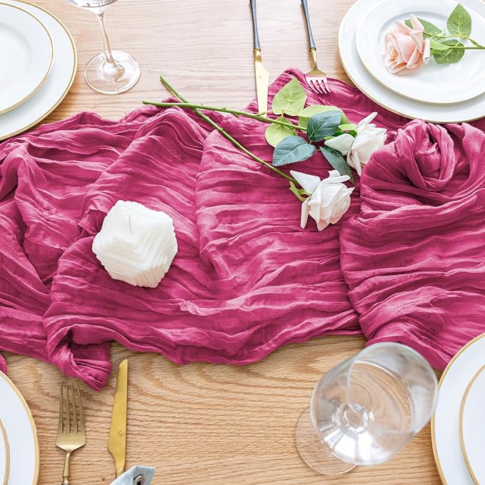 Wokceer Cheesecloth Table Runner 4Pack 10FT Deep Pink Boho Gauze Cheese Cloth Table Runner for Party Long Rustic Sheer Table Runners for Baby Bridal Shower Wedding Easter Table Decor