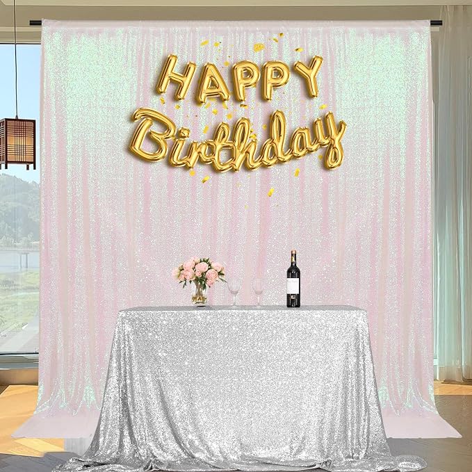 PartyDelight Iridescent White Sequin Backdrop 6x6ft 4 Inch Rod Pocket | Iridescent white 3mm sequins show pink and purple tones under light on mesh backing for photos arches stages and party walls