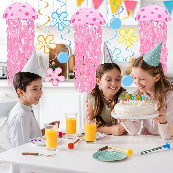 Whaline 30 Pcs 10 Inch Cartoon Sponge Themed Birthday Party Decoration Jellyfish Hanging Paper Lanterns with Tassel Hanging Swirls Ornament for Summer Mermaid Ocean Under The Sea Party Home Classroom