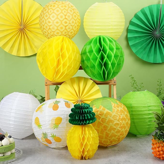 Retisee 18 Pcs Pineapple Party Decoration Yellow Pineapple Hanging Paper Lantern Honeycomb Fans Summer Fruit Honeycomb Ball for Summer Fruit Pineapples Theme Party Ceiling Decor Supplies