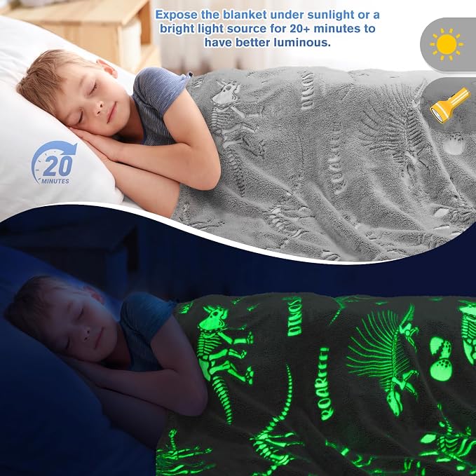 Dinosaur Toys for Kids 3-5 Glow in The Dark Blanket Dinosaur Blanket Dino World Christmas Birthday Easter Gifts for 2 3 4 5 6 7 8 Year Old Boy Girls Toddler Gray Glowing Dinosaurs Room Decor 50"x60"