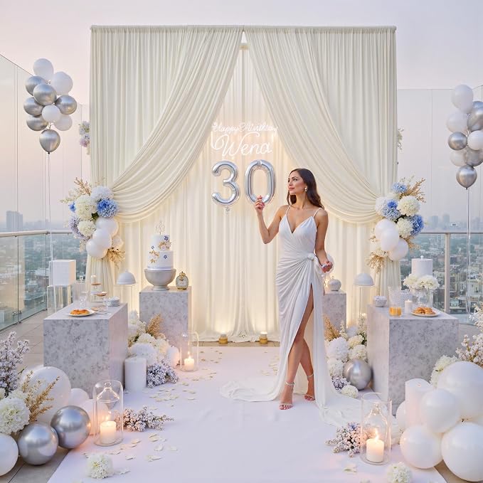 30ftx12ft Wrinkle Free Ivory Backdrop Curtains for Parties, 6 Panels 5x12FT Long Silky Polyester Ivory Photo Backdrop Drapes Back Drop Cloth for Wedding Birthday Photography Background Decor
