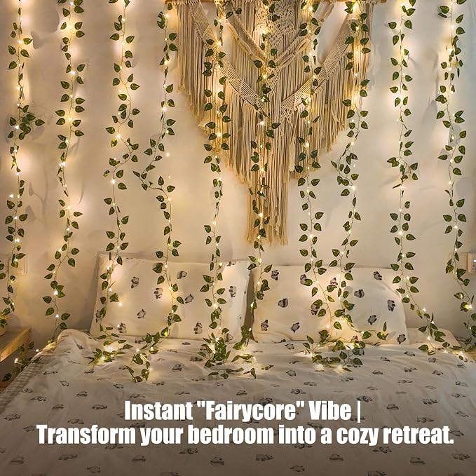 Bexdir 200 LED Curtain Vine Lights for Bedroom Decoration, 6.6x6.6ft Pre-Assembled Hanging Fake Vines with Fairy Lights USB Powered, Aesthetic Artificial Pothos Lights for Room Wall Decor