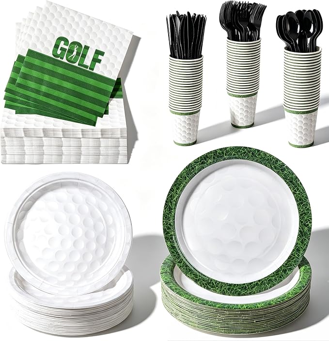 400 Pcs Disposable Golf Party Tableware Set for 50 Guests | Heavy-Duty 7" & 9" Paper Plates, Cups, 13" Napkins & Plastic Cutlery for Game Day and Birthday Party Supplies