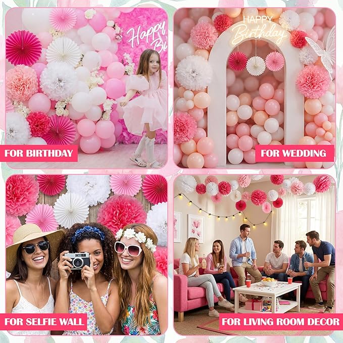 Janinka 60 Pcs Pink Party Decorations- Tissue Paper Pom Poms and Fans Ceiling Decorations Tissue Flowers for Birthday, Baby Shower, Bachelorette Bridal Wedding Supplies