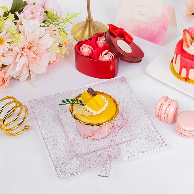 DaYammi 100Pcs Pink Dessert Plates with Forks Including 50Pcs Appetizer Plates,50Pcs Plastic Forks,Glitter Square Plate pink Disposable plates for Wedding,Plastic Cake Plate for Mother's Day Party
