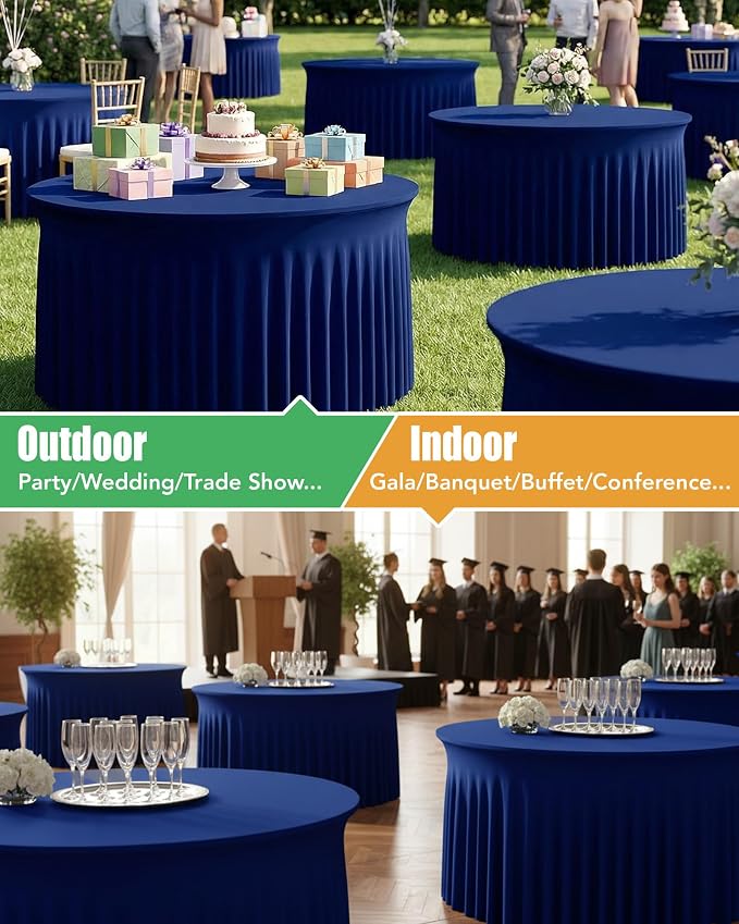 6 Pack Spandex Table Cover Skirts for 60 inch Round Tables, Navy Blue Stretch Table Cloths with Floor-Length Ruffle, Elastic Fitted Skirted Tablecloth for Elegant Wedding Banquet Party Buffet Deco