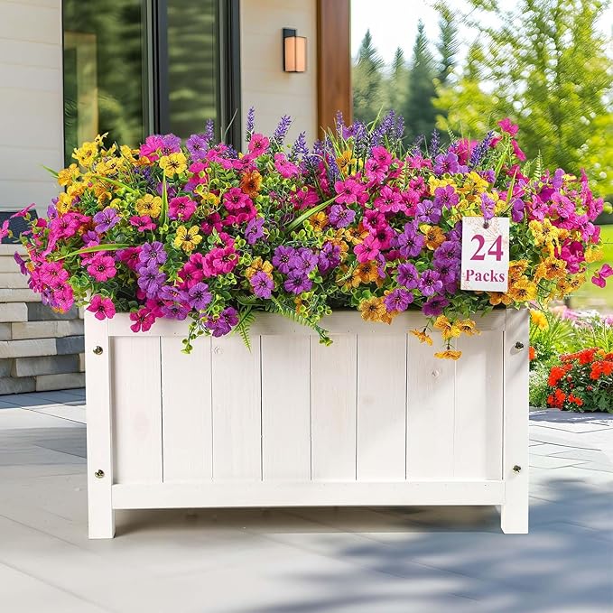 Alupssuc 24 Bundles Artificial Flowers for Outdoors Planters Spring Decoration, UV Resistant Faux Eucalyptus Violet and Lavender Silk Fake Plants for Outside Indoor Yard Home Patio Decor, Mix 3 Colors