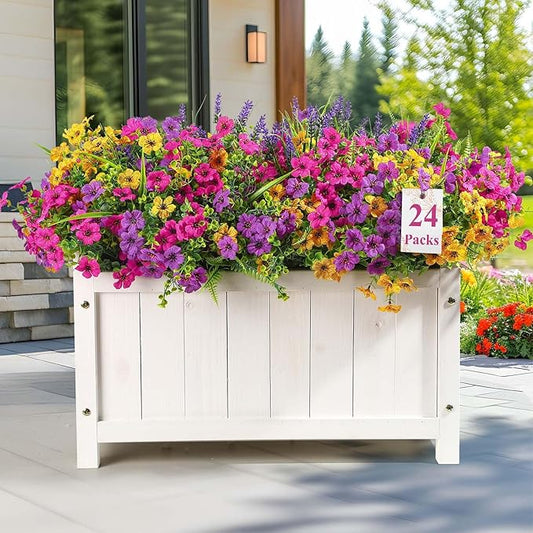 Alupssuc 24 Bundles Artificial Flowers for Outdoors Planters Spring Decoration, UV Resistant Faux Eucalyptus Violet and Lavender Silk Fake Plants for Outside Indoor Yard Home Patio Decor, Mix 3 Colors