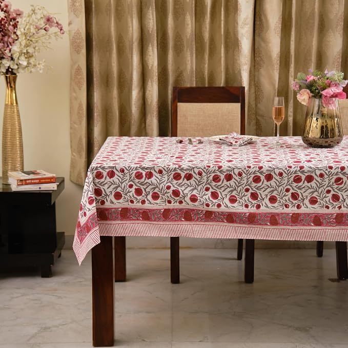 Ridhi Sangria Red Hand Block Print Cotton Rectangle Tablecloth 160" x 72" inches Reusable Table Cover Decorative Everyday Use for Dining Room, Farmhouse, Home Gift for Spring, Mother's Day