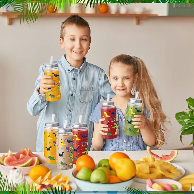 Skylety 30 Pcs Cartoon Dinosaur Plastic Cups with Lids and Straws 13.5 oz Summer Dinosaur Reusable Plastic Tumbler Hawaii Tropical Party Decor for Summer Holiday Women Birthday Party Supplies