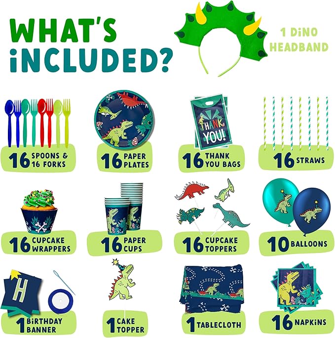 ecoZen Dinosaur Birthday Party Decorations - Jurassic Park Themed Supplies for 16 Guests, Includes Dino Plates, Cups, Napkins, Banner, Cutlery, Balloons, Tablecloth, Straws, Toppers