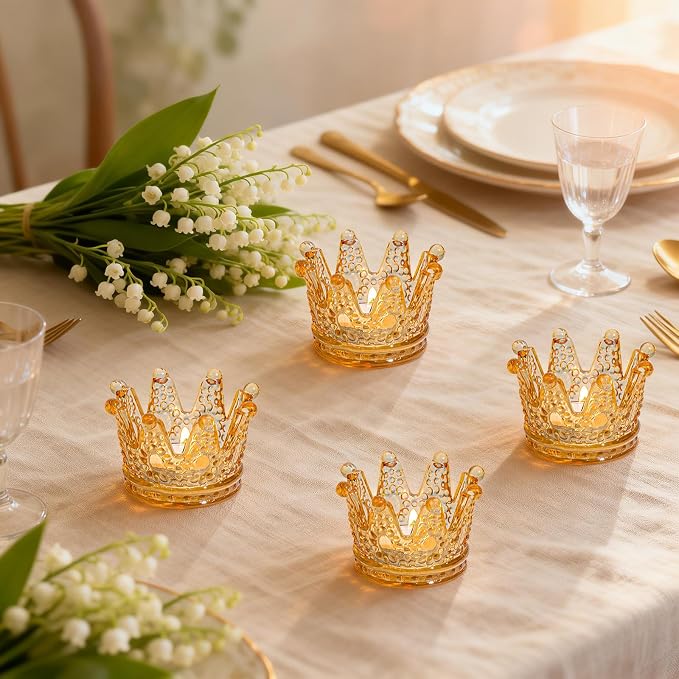 Rubltamp 6 Pack Amber Crown Votive Candle Holders,Glass Crown Tealight Candle Holders, Vintage Candle Holder Bulk for Table Centerpieces, Home, Bridal Shower, Birthday, Wedding