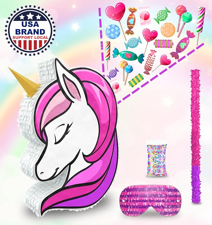 Jergrim Unicorn Pinata 4 Piece Set (16”x11”) Perfect for Unicorn Theme Birthday Decorations, Birthday Girl Party Supplies, 1st to 8th Parties, Fits piñata stuffers and party favors!