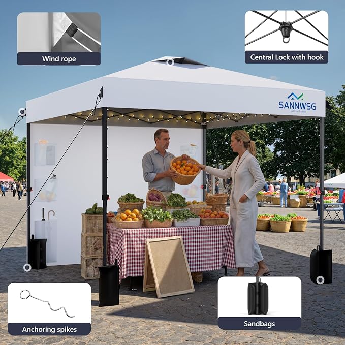 10X10 Pop Up Canopy Tent,Removable Pockets Sidewall for Extra Storage,Heavy Duty One Person Set Up Event Tent,Easy Up Canopy with One Push Button,White