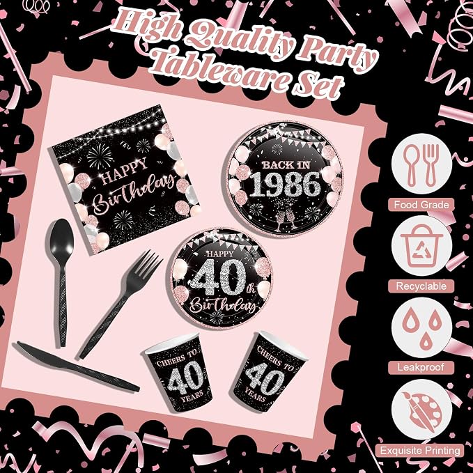 240 Pcs 40th Birthday Decorations 1986 Birthday Party Tableware Include Plates Napkins 9oz Cups Cutlery 40th Anniversary Party Supplies for Men Women Him Her, Serve 30 Guests (Black Pink)
