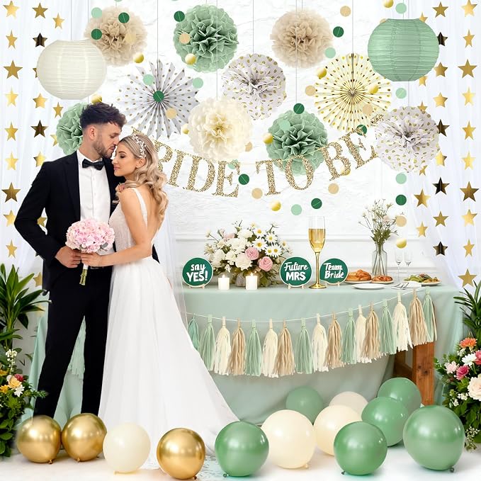 46Pcs Sage Green Bridal Shower Decorations - Boho Bachelorette Party Supplies with Bride to Be Banner, Paper Lanterns, Fans, Pom Poms & Balloons - Neutral Wedding Engagement Decor Kit