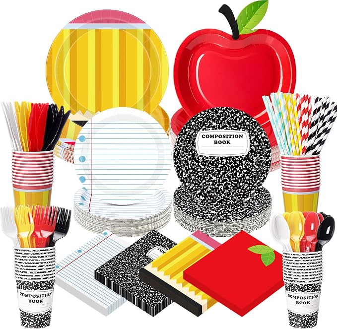 450 Pcs Preschool Kindergarten Back to School Tableware Set Decorations Apple Paper Plates Composition Notebook Napkins Pencil Cups Cutlery Straws for First Day Party Supplies, Serves 50