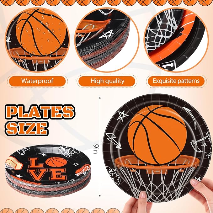 Funnymoom 60 Pcs Basketball Paper Plates 9 Inch Sports Theme Birthday Disposable Plates for Adults Basketball Birthday Team Party Decorations Supplies