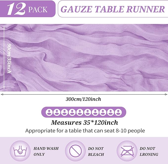 12 Pack Cheesecloth Table Runner 35 x 120 inch Long Boho Cheese Cloth Gauze Table Runners Semi Sheer Table Runner for Wedding Decor, Bridal Shower, Birthday Party (Lavender)