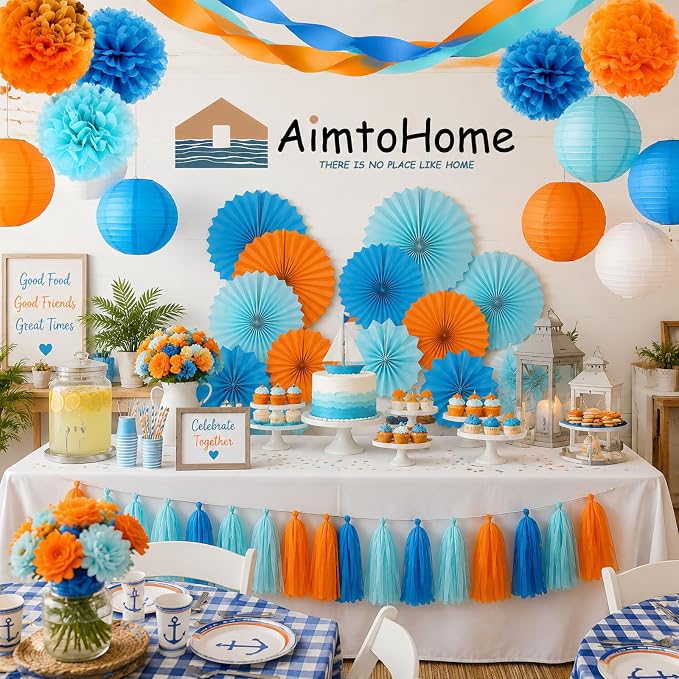 Blue & Orange Paper Lanterns Set (12 Pcs) - 6/8/10 Inch Hanging Lanterns for Cartoon Parties, Sports Events, Birthdays & Home Decor