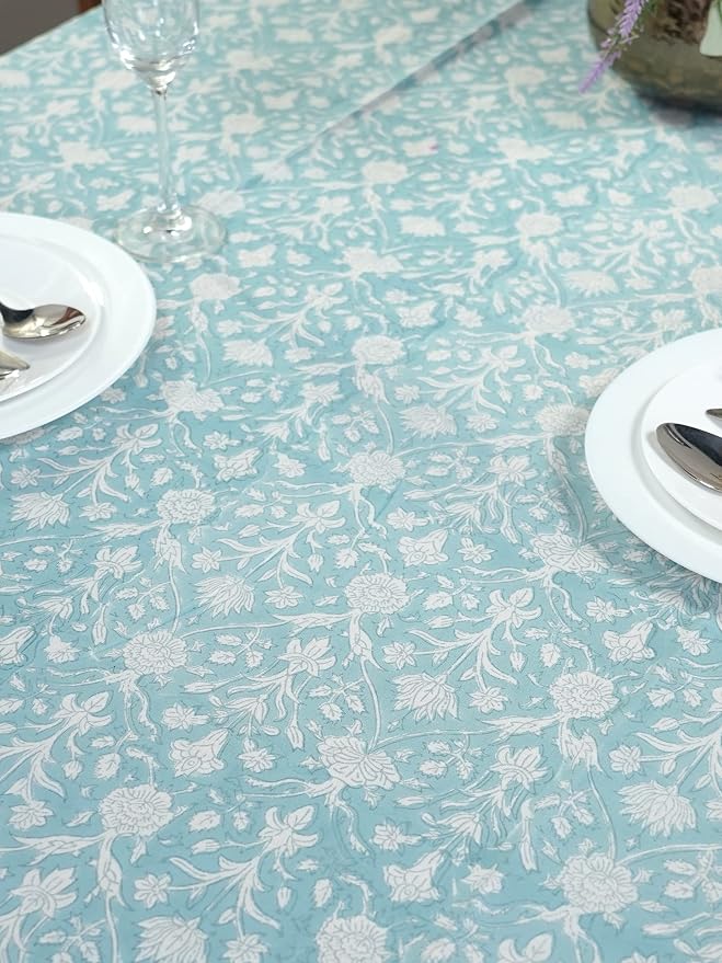 Ridhi Teal Gray Hand Block Print Cotton Rectangle Tablecloth 190" x 72" inches Reusable Table Cover Decorative Everyday Use for Dining Room, Farmhouse, Home Gift for Spring, Mother's Day