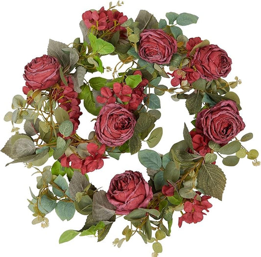 PONKING Flower Garland Artificial Rose & Hydrangea Vine Hanging Fake Flowers Vines for Wedding Birthday Party Valentines Christmas Room Wall Arch Decor, 1 Rose & 1 Hydrangea Red Floral Garland