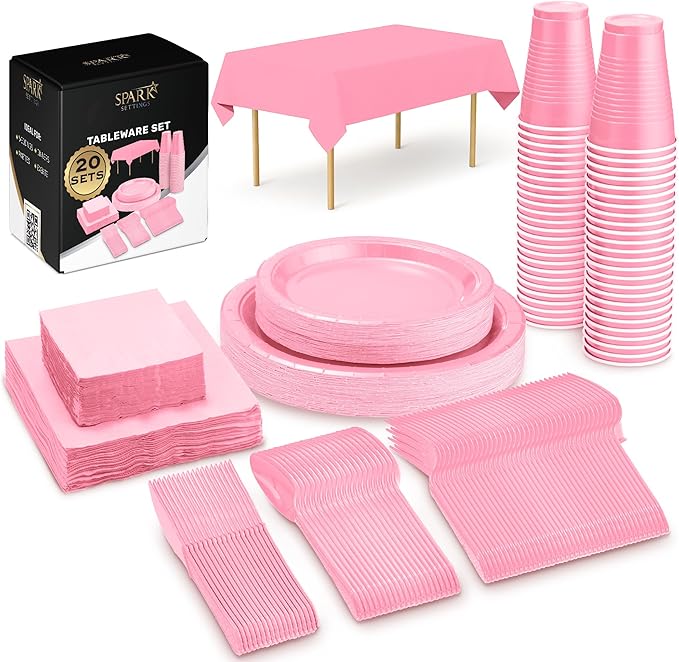 Pink Party Supplies Set Paper Plates Plastic Cups Forks Knives Spoons Napkins Tablecloth Serves 20 Guests Disposable Dinnerware Set of 222 Pieces, Complete Tableware for Party - By SparkSettings