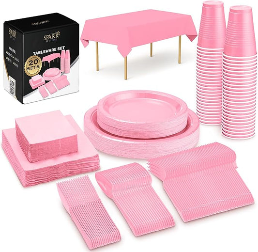 Pink Party Supplies Set Paper Plates Plastic Cups Forks Knives Spoons Napkins Tablecloth Serves 20 Guests Disposable Dinnerware Set of 222 Pieces, Complete Tableware for Party - By SparkSettings