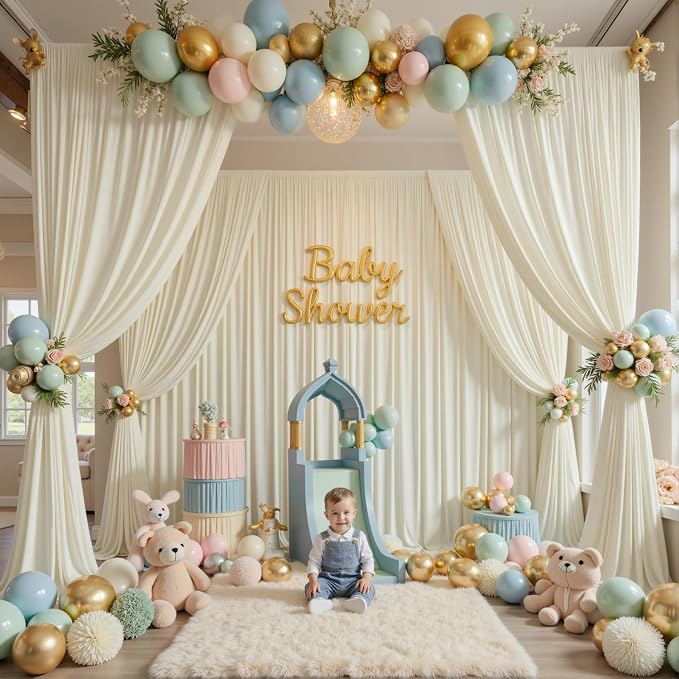 60x14ft Ivory Backdrop Curtain for Party, 12 Panels Wrinkle Free 14 Foot Long Polyester Photo Backdrop Drapes Photography Background for Wedding Birthday Gathing