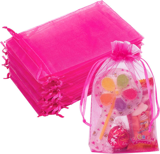 50 Pcs Hot Pink Organza Bags, 4x6 Inch Small Mesh Bags Drawstring Jewelry Pouch Bag Gift Bag Bulk for Wedding Party Favor