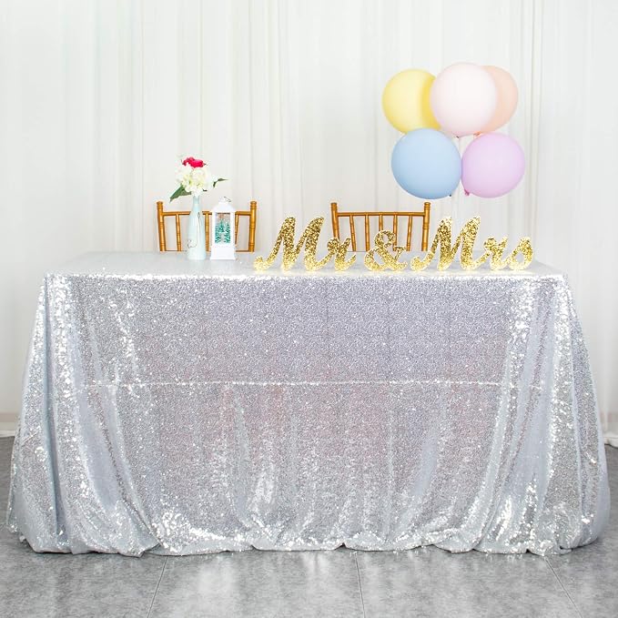 ShiDianYi Rectangular Sequin Tablecloth - Silver 90x132-Inch Fabric Overlay - Glitter Table Linen Cover for Prom, Birthday, Wedding Reception Decoration