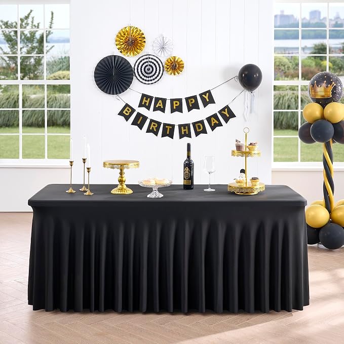 Outpain Black Spandex Tablecloth for 8 Foot Rectangle Tables, 2 Pack Black Fitted Table Cloths 8ft Stretchy Banquet Table Clothes Cover Desk Skirt for Birthday Wedding Parties Baby Shower