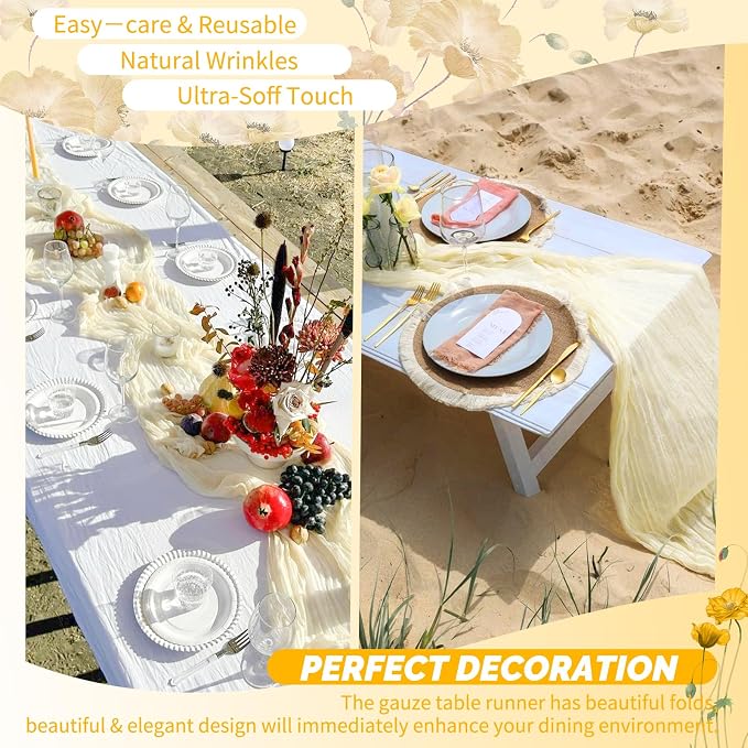 4 Pack Beige Cheesecloth Table Runner 17 x 108 inch Boho Gauze Table Runner Rustic Sheer Cheese Cloth Table Decorations for Wedding Party Baby Bridal Shower Birthday Holiday Home