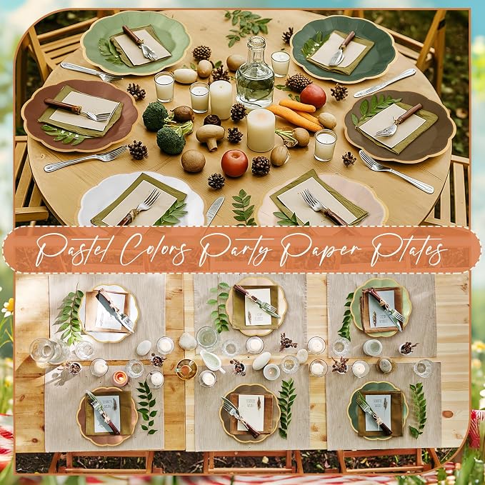 72 Pcs Woodland Paper Plates 9 Inch Green and Brown Gradient Scalloped Paper Disposable Dinner Dessert Plates for Birthday Wedding Bridal Party Supplies, 6 Colors