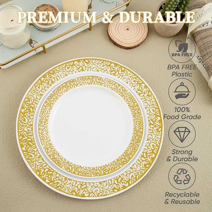 FOCUSLINE Gold Plastic Plates Set of 102, Disposable Plates with Gold Lace 51 Dinner Plate 10.25 Inch & 51 Salad Dessert Appetizer Plate 7.5 Inch, Elegant Fancy Heavy Duty Wedding Party Plates