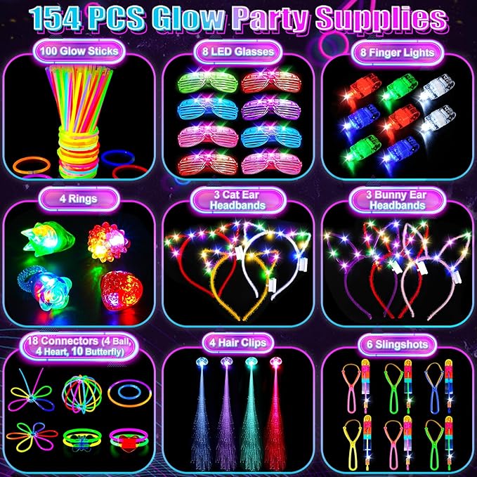 SHQDD 154PCS Glow in the Dark Party Supplies, Neon Party Accessories for Kids & Adults with Connectors and Glow Sticks to DIY, Light up Party Favors for Birthday, Concert, July 4th, Halloween