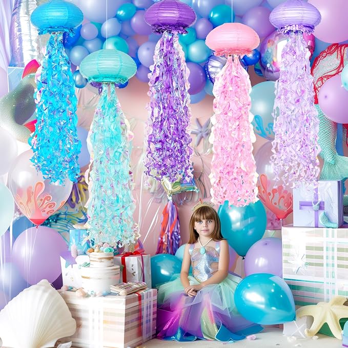 OBXT Hanging Jellyfish Lanterns Multi-Color 6 Pack - Ocean-Themed Decor for Under the Sea Mermaid Birthday Party Classroom & VBS Baby Shower Beach Theme