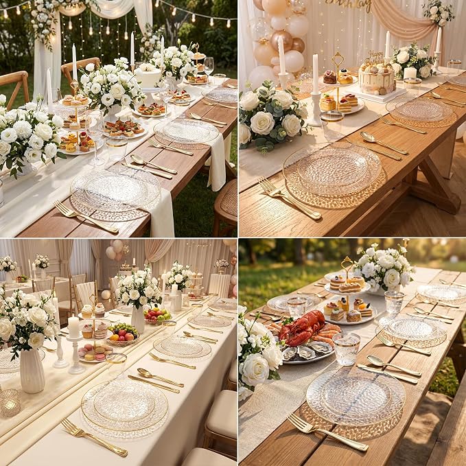 175PCS Clear Plastic Plates for 25 Guests, Disposable Plates for Party, Heavy Duty Disposable Plate Set Include: 25 Dinner Plates, 25 Dessert Plates, 25 Cups and Cutlery for Wedding & Party