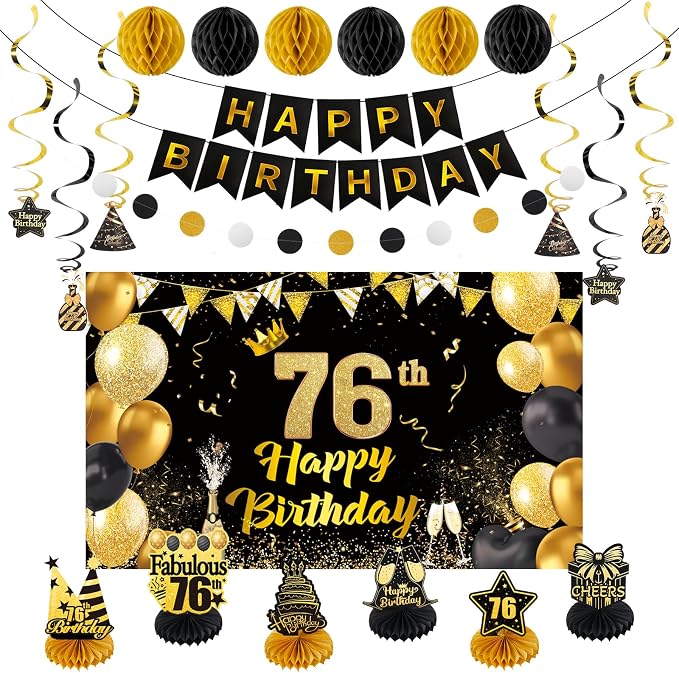 Happy 76th Birthday Party Decoration: Including Birthday Banner Backdrop, Party Table Centerpieces and Hanging Swirl Party Streamers, Birthday Decor for Men and Women (Gold/Black, 76th Birthday)