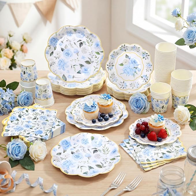 Funnymoom 250 Pcs Floral Party Decorations Flower Paper Plates Napkins and Cups Blue and Gold Floral Disposable Tableware Set for Bridal Shower Baby Shower Wedding Spring Tea Party Supplies, Serves 50
