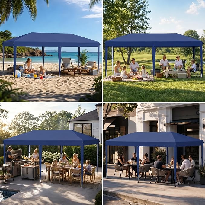 10x20 Pop Up Canopy Without Sidewalls, Instant Tent with Carry Bag, Sandbags, Height Adjustable Waterproof Outdoor Canopy, Outdoor Canopy for Events, Camping, Parties (Blue)