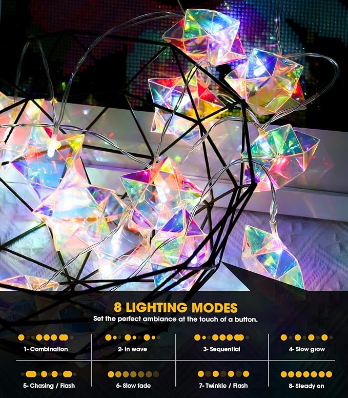 AceList Iridescent Decor 10Ft Star String Lights 20 LED USB/Battery Operated String Lights Indoor/Outdoor, Holographic Decor for Christmas Birthday Party Tent(White)