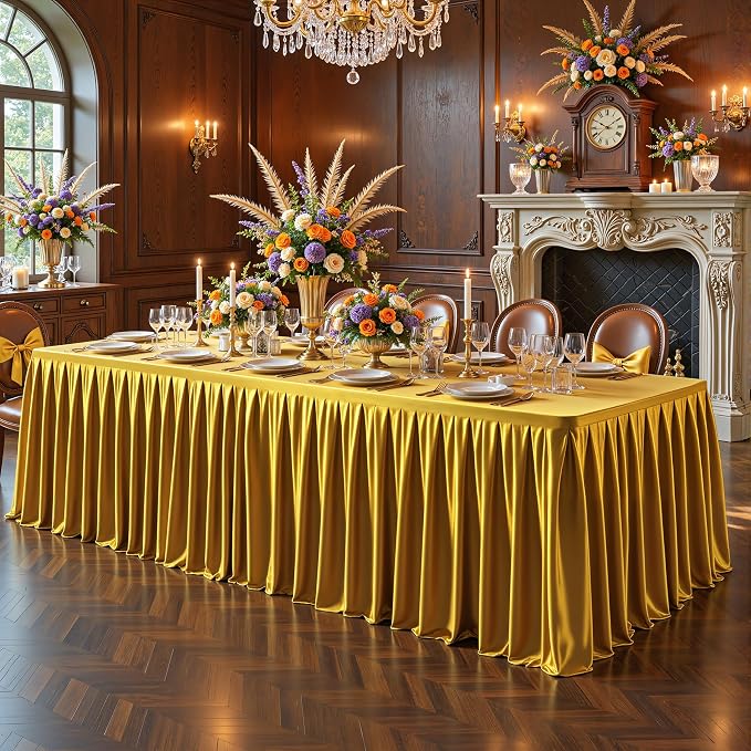 Wish Care 2 Pack Satin Table Cover Skirts for 8ft Rectangular Tables, Dark Gold Shimmer Silk Tablecloth with Floor Length Ruffle for Wedding Banquet Party Buffet Decoration