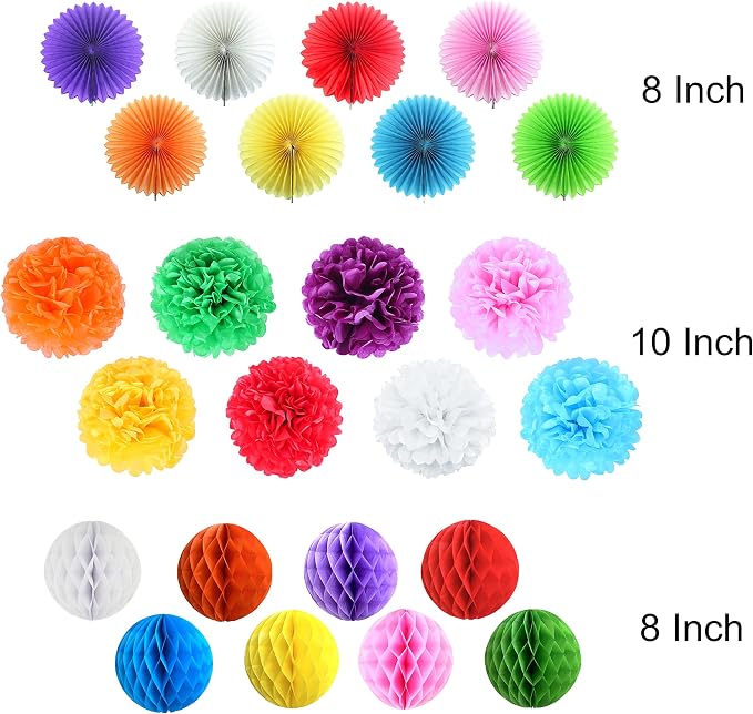 24 Pack Colorful Papers Set Party Decorations, Honeycomb Balls, Paper pom poms, Paper Fans for Birthday Parties, Wedding Decorations, Home Decor, Fiesta or Mexican Party