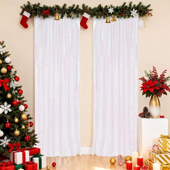 PartyDelight Iridescent White Sequin Backdrop Curtains 2x8ft 2 Panels | Iridescent white 3mm sequins show pink and purple tones under light with 4 inch rod pocket for doors windows and photo booths
