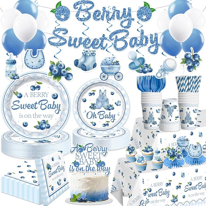 Blueberry Baby Shower Decorations, 212 Pcs Blue Berry Sweet Banner, Balloons, Plates and Napkins Set, Tablecloth Berry Sweet Blueberry Themed Baby Shower Party Decorations Supplies