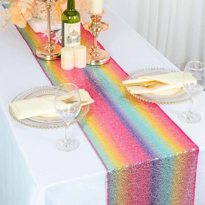 ShinyBeauty Multicolor Sequin Table Runner 12x108-Inch Party Table Runner Rainbow Sequin Runner -719S(Pack of 1)